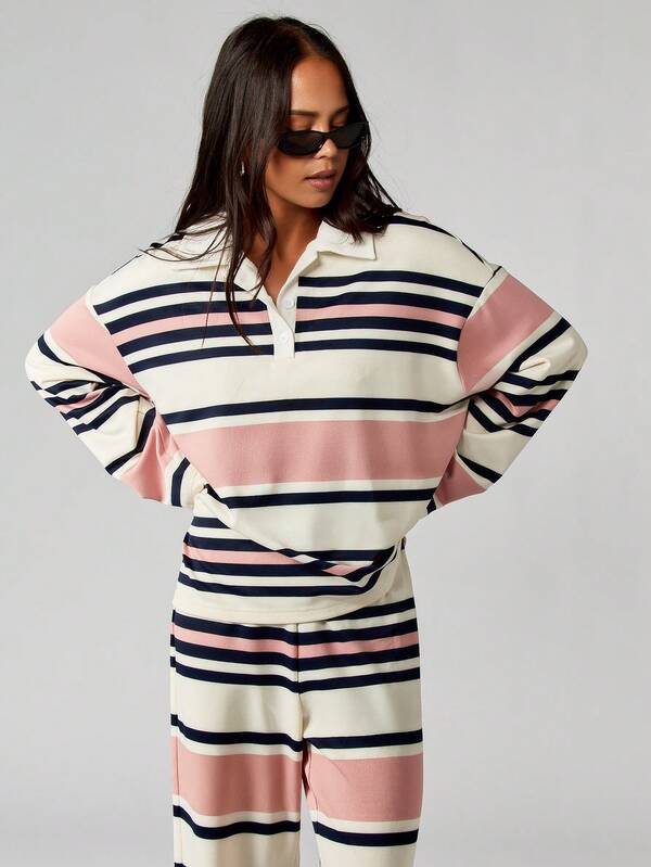 MISSGUIDED Striped Collared Pullover And Wide Leg Pants Set