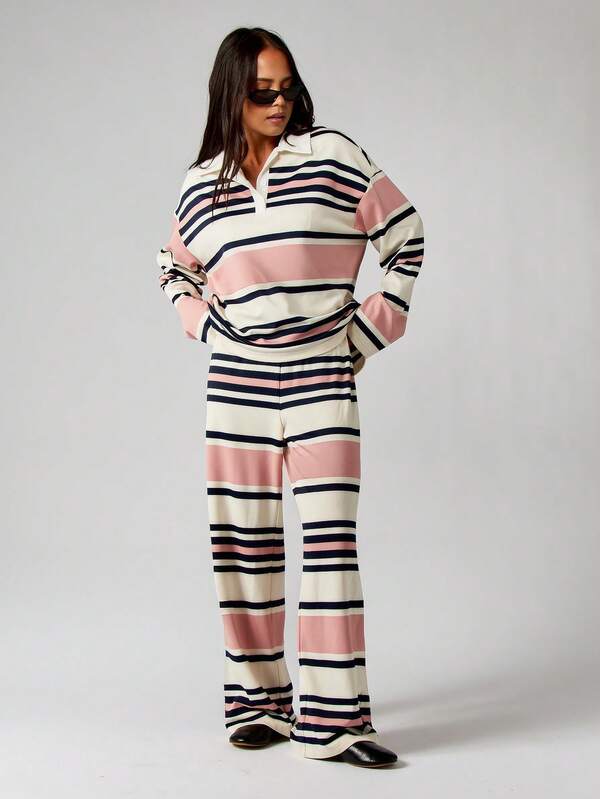 MISSGUIDED Striped Collared Pullover And Wide Leg Pants Set
