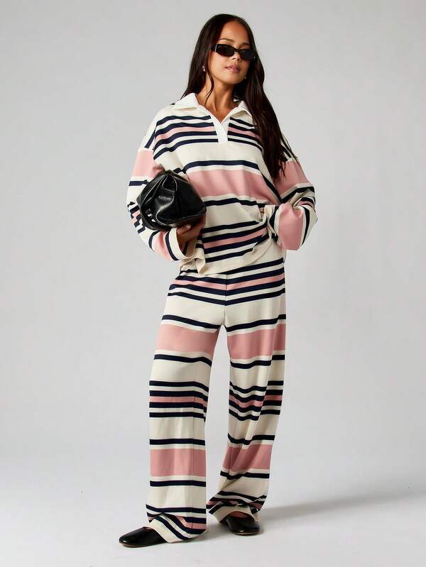 MISSGUIDED Striped Collared Pullover And Wide Leg Pants Set