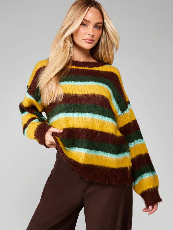 MISSGUIDED Striped Crew Neck Chunky Knit Sweater