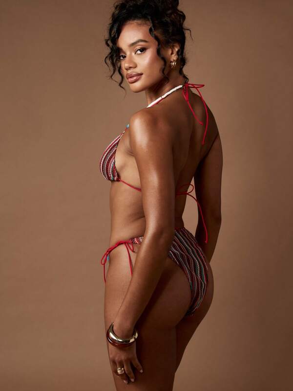 MISSGUIDED Striped Crochet Triangle Tie Side Woven Brazilian Bikini Set