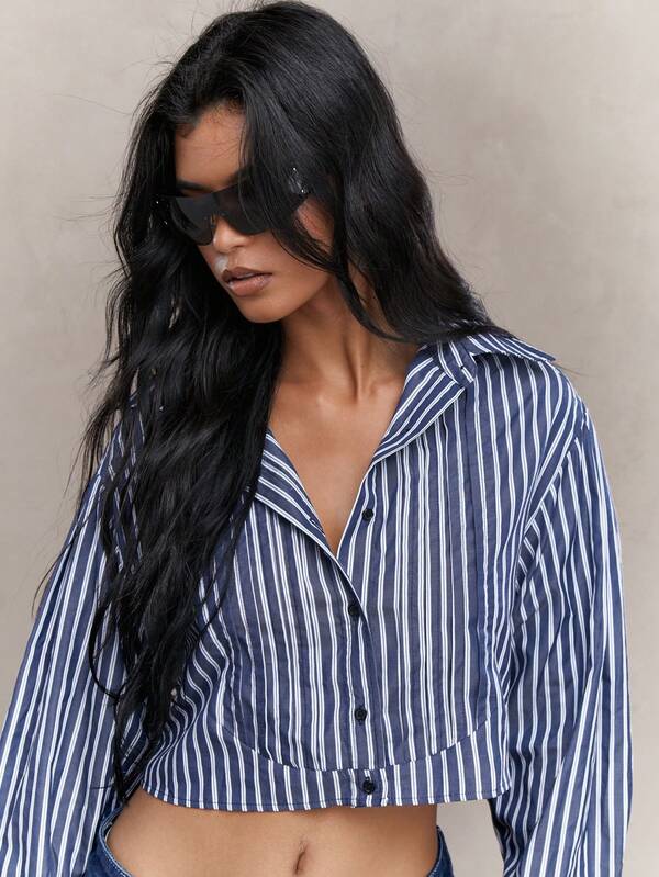 MISSGUIDED Striped Crop Shirt With Drawstrings Back Tie Detail