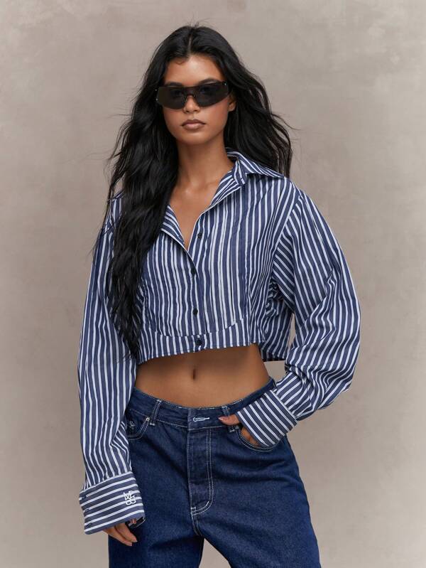 MISSGUIDED Striped Crop Shirt With Drawstrings Back Tie Detail