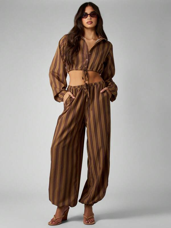 MISSGUIDED Striped Crop Top And Balloon Pants Set