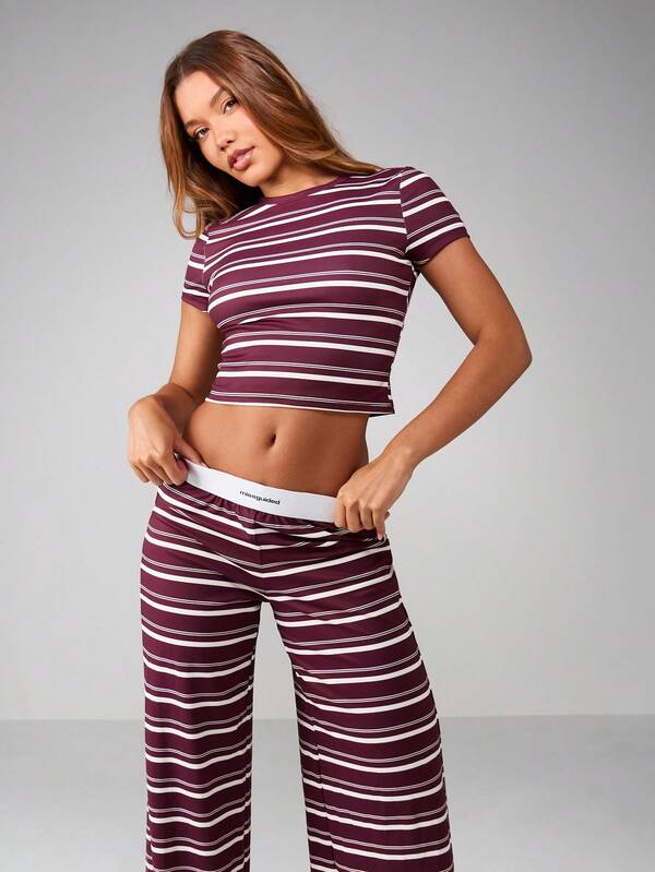 MISSGUIDED Striped Crop Top And Wide Leg Pant Set