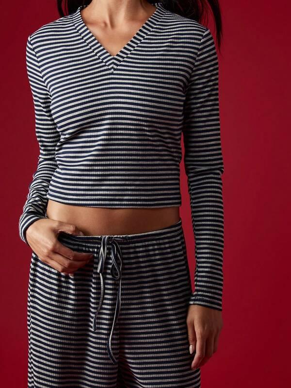 MISSGUIDED Striped Crop Top With Wide Leg Pants Set