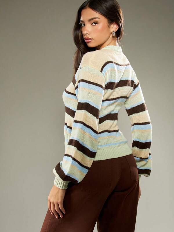 MISSGUIDED Striped Cropped Button Front Cardigan With Ribbed Trim
