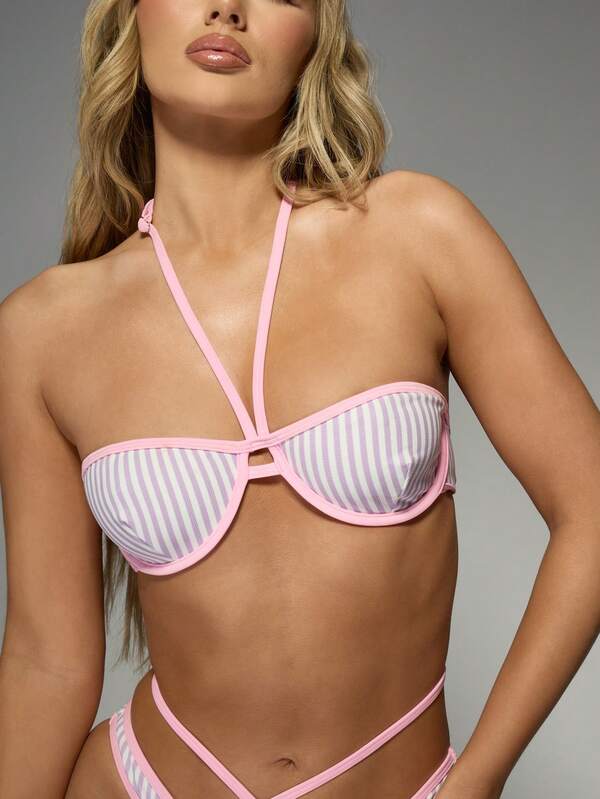 MISSGUIDED Striped Cross Back Halter Neck Bikini Set