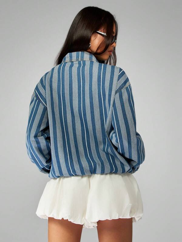 MISSGUIDED Striped Denim Bomber Jacket With Half Zip Closure