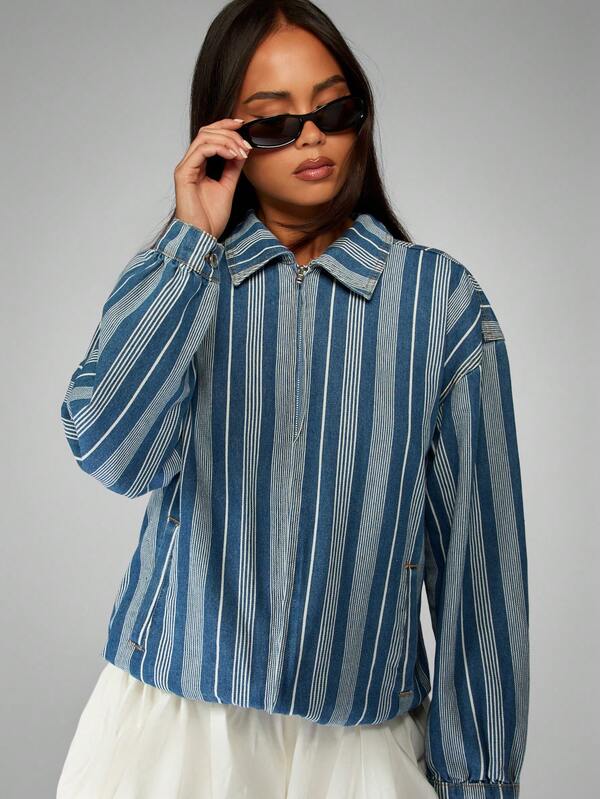MISSGUIDED Striped Denim Bomber Jacket With Half Zip Closure