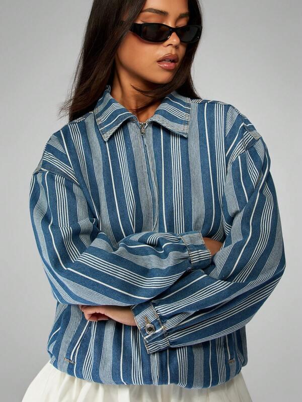 MISSGUIDED Striped Denim Bomber Jacket With Half Zip Closure