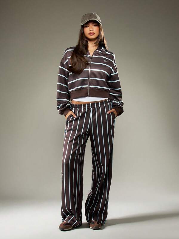 MISSGUIDED Striped Full Zip Cropped Hoodie With Drawstring