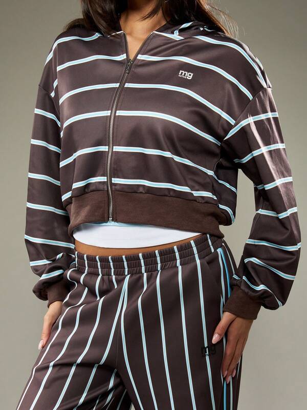 MISSGUIDED Striped Full Zip Cropped Hoodie With Drawstring