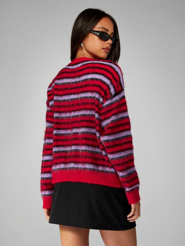 MISSGUIDED Striped Fuzzy Knit Button Up V Neck Cardigan