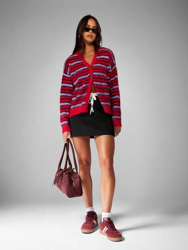 MISSGUIDED Striped Fuzzy Knit Button Up V Neck Cardigan