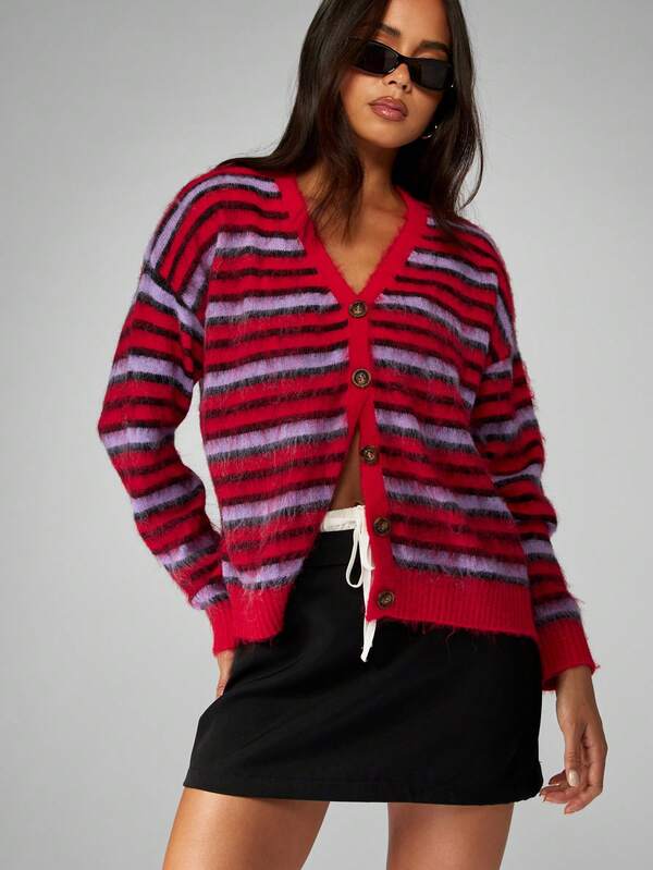 MISSGUIDED Striped Fuzzy Knit Button Up V Neck Cardigan