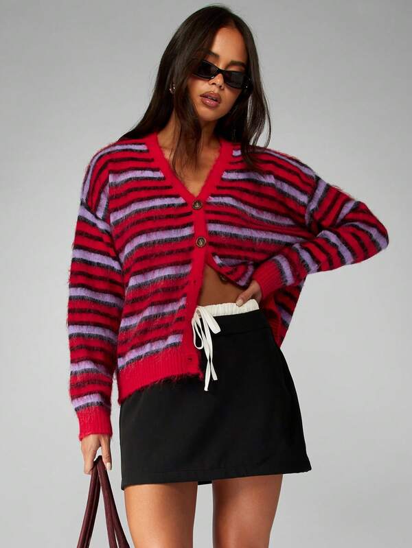 MISSGUIDED Striped Fuzzy Knit Button Up V Neck Cardigan