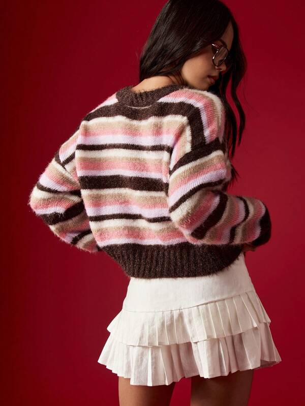 MISSGUIDED Striped Fuzzy Knit Sweater With Mock Neck And Long Sleeves