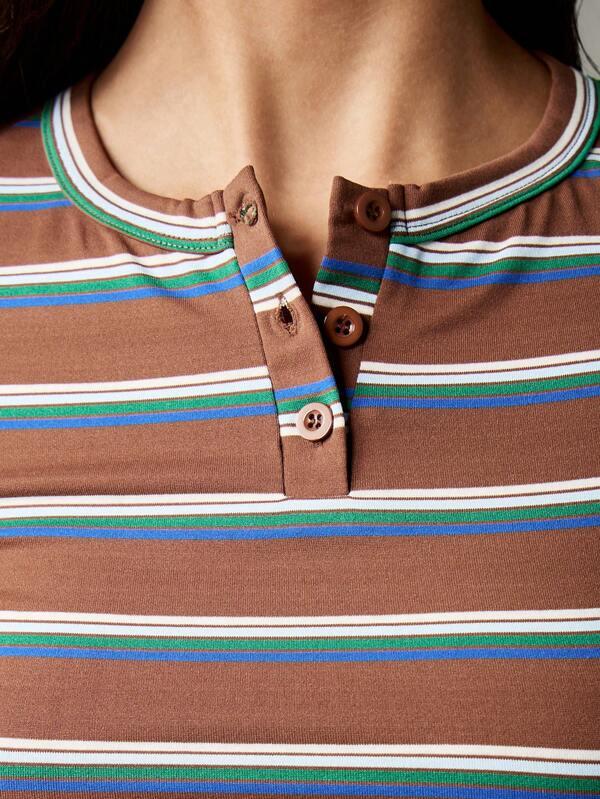 MISSGUIDED Striped Half Button Through T-Shirt With Fitted Design