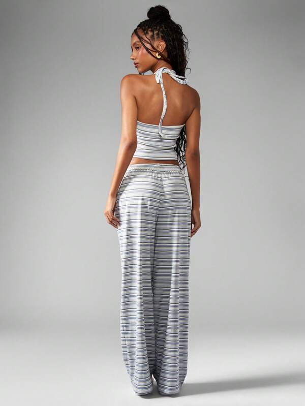 MISSGUIDED Striped Halter Crop Top Wide Leg Pants Casual Loungewear Set