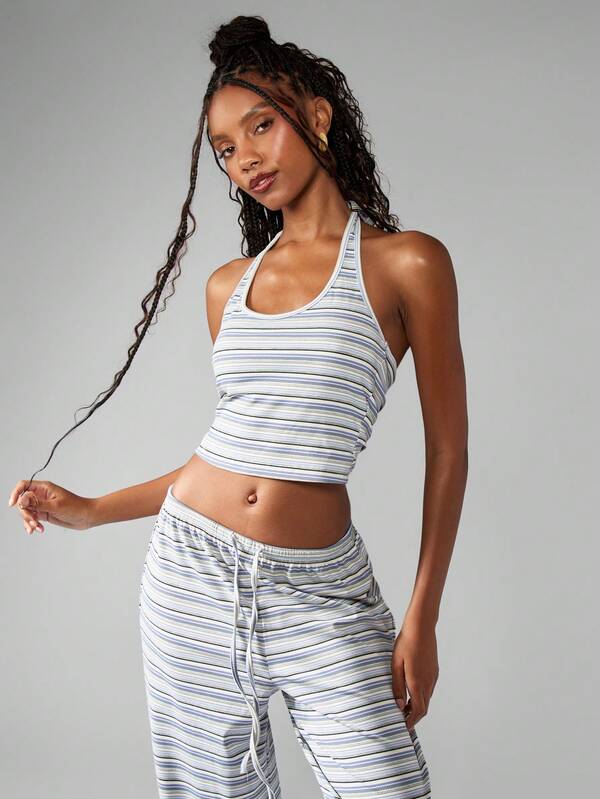 MISSGUIDED Striped Halter Crop Top Wide Leg Pants Casual Loungewear Set