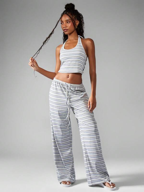 MISSGUIDED Striped Halter Crop Top Wide Leg Pants Casual Loungewear Set