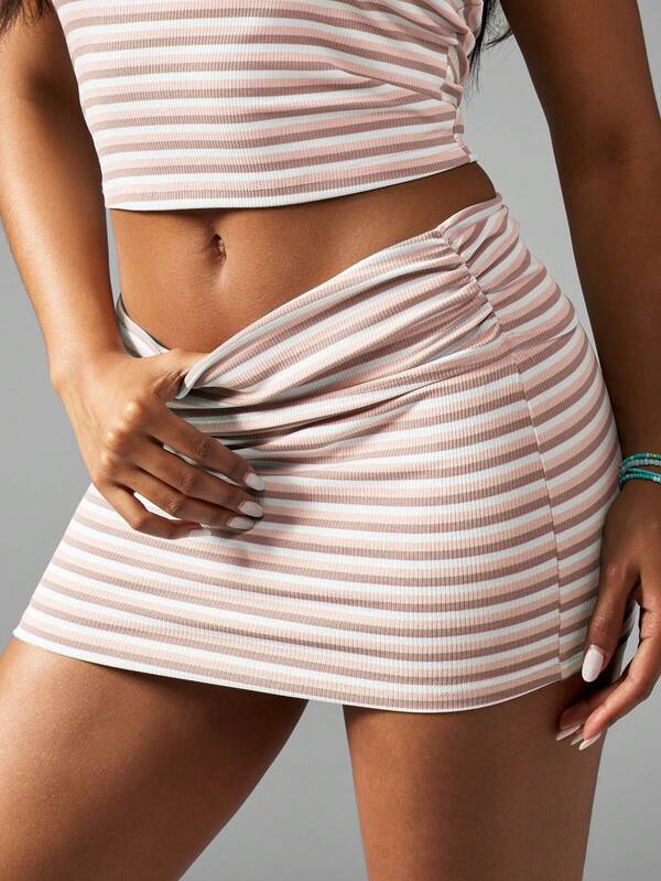 MISSGUIDED Striped Halter Neck Crop Top Mini Skirt Two Piece Set