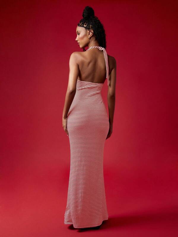 MISSGUIDED Striped Halter Neck Maxi Bodycon Dress