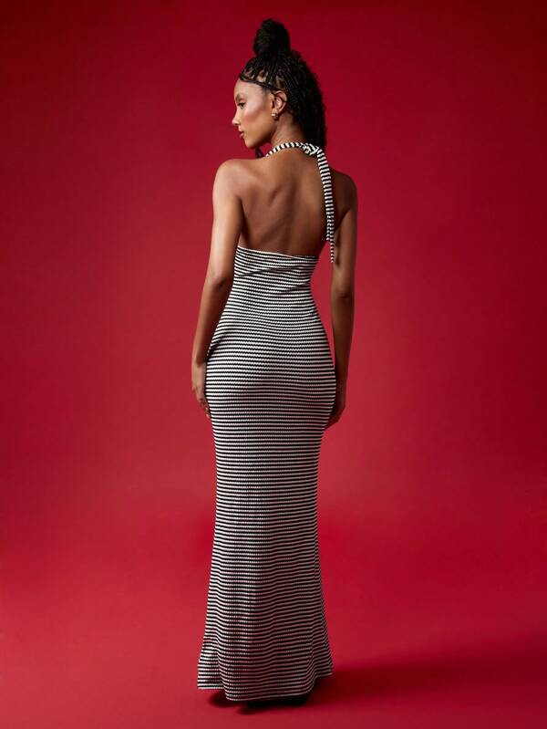MISSGUIDED Striped Halter Neck Sleeveless Body Conscious Floor Length Maxi Dress