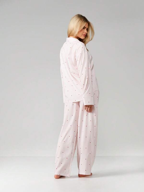 MISSGUIDED Striped Heart Print Pajama Set With Button Top