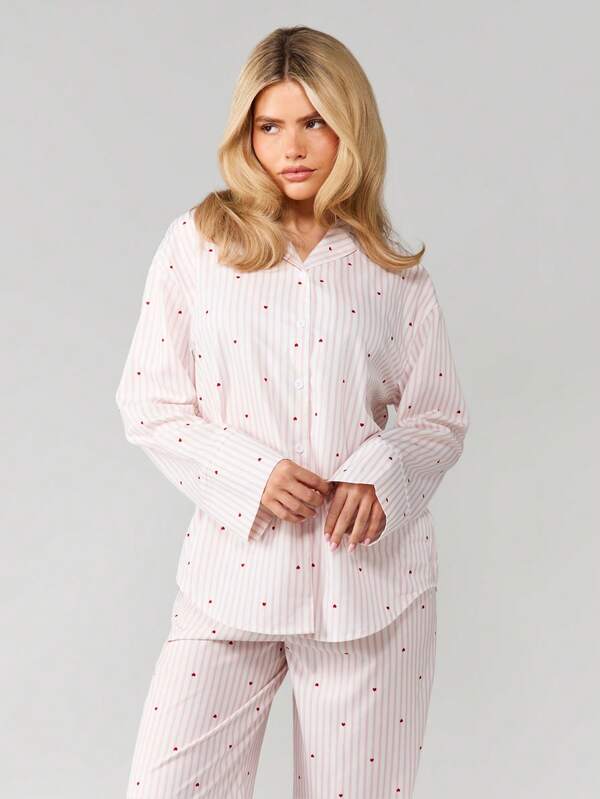 MISSGUIDED Striped Heart Print Pajama Set With Button Top