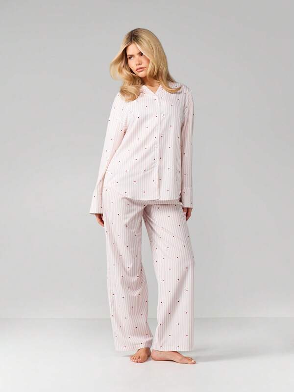 MISSGUIDED Striped Heart Print Pajama Set With Button Top