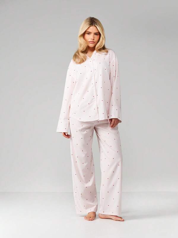 MISSGUIDED Striped Heart Print Pajama Set With Button Top