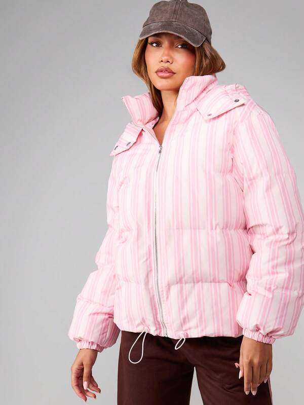 MISSGUIDED Striped Hooded Puffer Jacket With Quilted Design