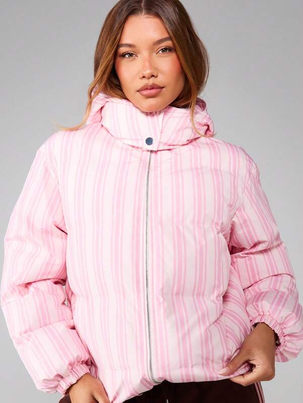 MISSGUIDED Striped Hooded Puffer Jacket With Quilted Design