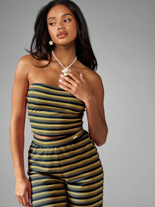 MISSGUIDED Striped Jersey Bandeau Top With Wide Leg Pants