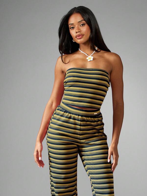MISSGUIDED Striped Jersey Bandeau Top With Wide Leg Pants
