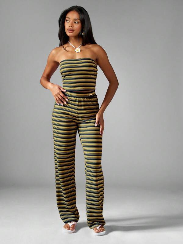 MISSGUIDED Striped Jersey Bandeau Top With Wide Leg Pants