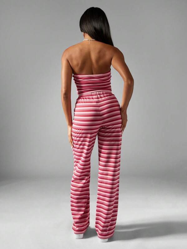 MISSGUIDED Striped Jersey Bandeau Wide Leg Pants Set