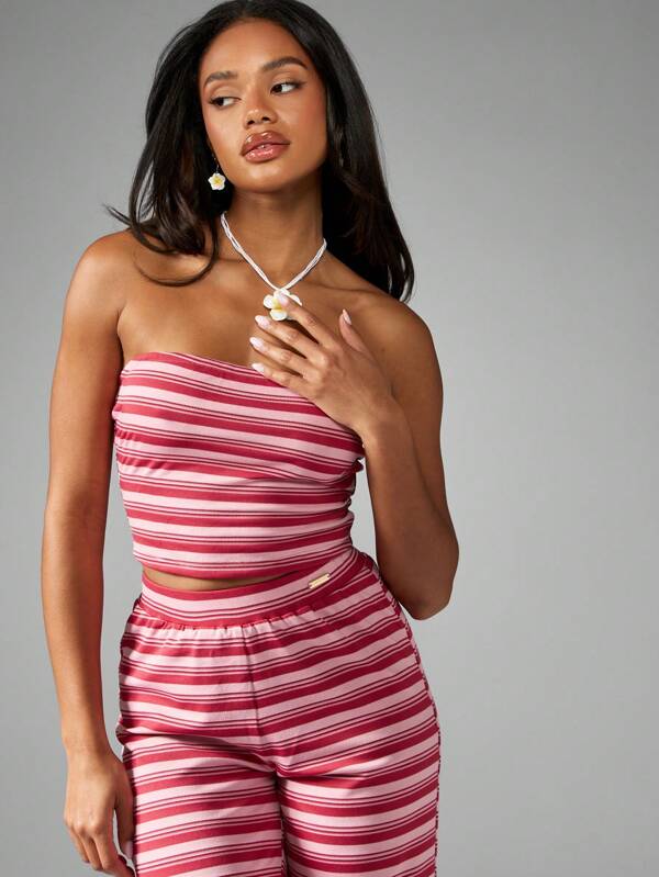 MISSGUIDED Striped Jersey Bandeau Wide Leg Pants Set