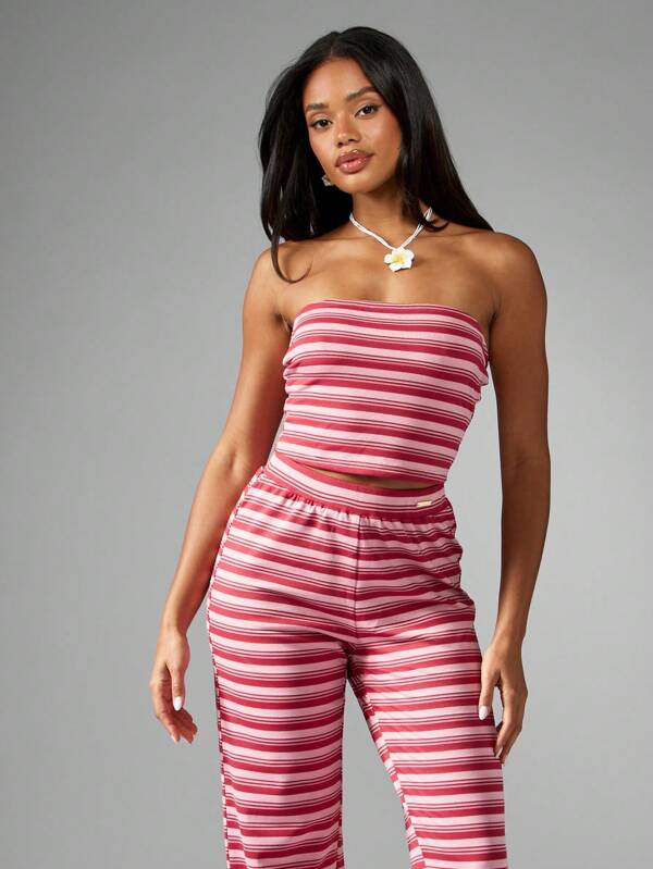 MISSGUIDED Striped Jersey Bandeau Wide Leg Pants Set