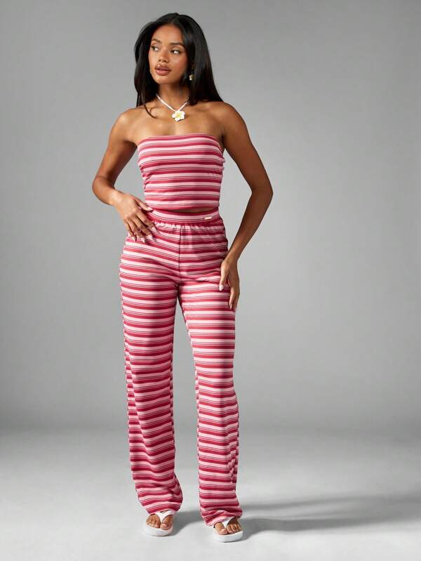 MISSGUIDED Striped Jersey Bandeau Wide Leg Pants Set