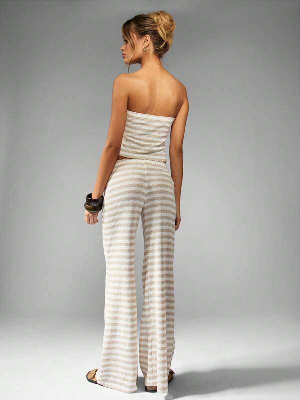 MISSGUIDED Striped Knit Co-Ord Set With Bandeau Top And Wide Leg Pants