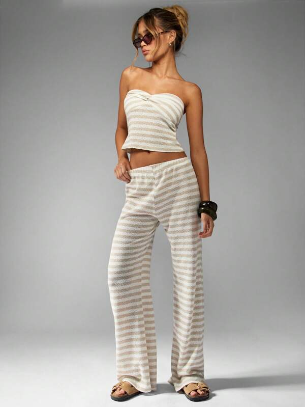 MISSGUIDED Striped Knit Co-Ord Set With Bandeau Top And Wide Leg Pants