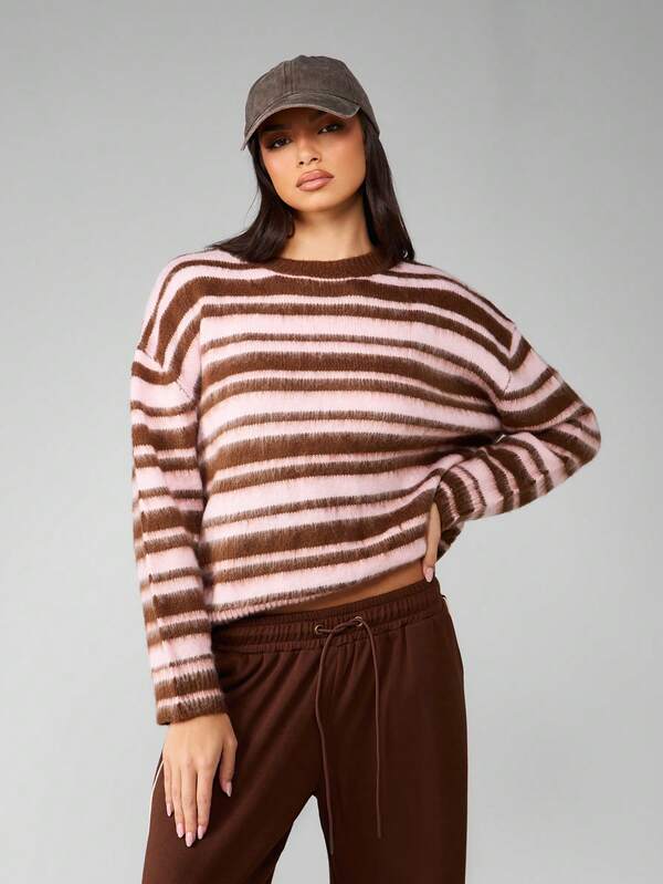 MISSGUIDED Striped Knit Pullover Sweater With Ribbed Trim
