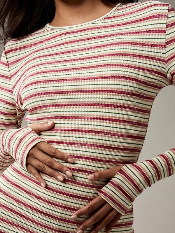 MISSGUIDED Striped Knit Ribbed Fitted Long Sleeve Lounge Two-Piece Outfit