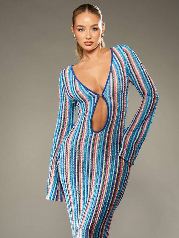 MISSGUIDED Striped Knitted Maxi Dress With Keyhole Front Detail