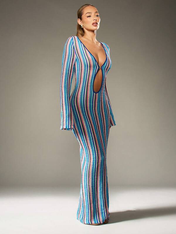 MISSGUIDED Striped Knitted Maxi Dress With Keyhole Front Detail