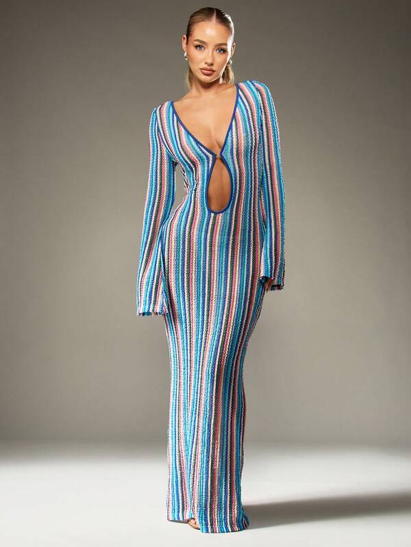 MISSGUIDED Striped Knitted Maxi Dress With Keyhole Front Detail