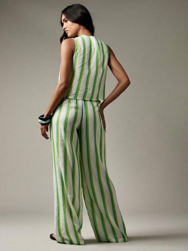 MISSGUIDED Striped Linen Feel Vest And Wide Leg Pants With Front Ties